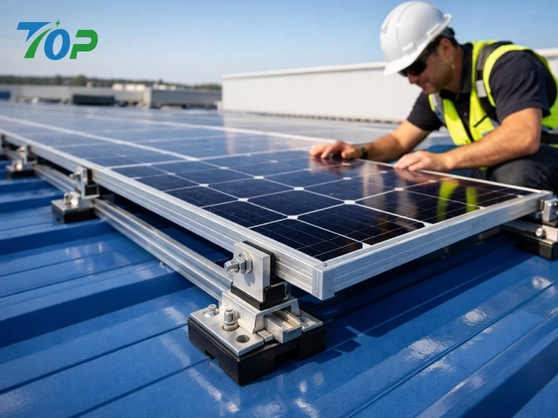 彩鋼瓦屋根上産業用太陽光架台の固定クランプ取り付け詳細