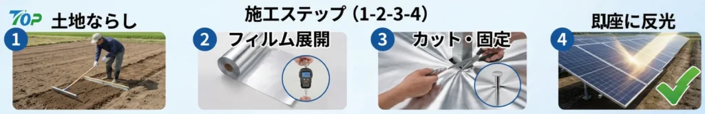 専用の固定ピンを打ち込むだけのシンプル施工。専門技術不要で広範囲の敷設が可能な反射シート。