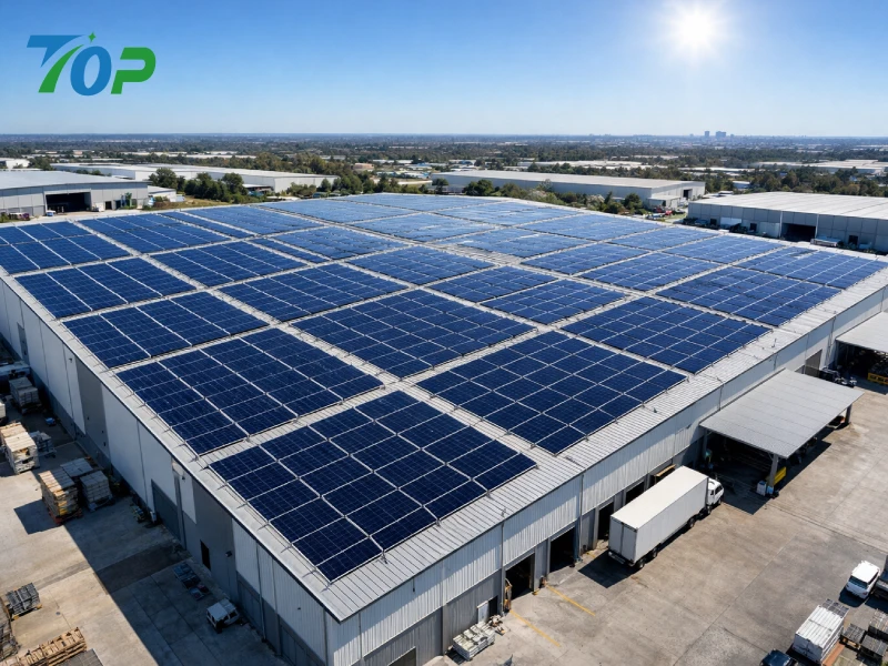 工場・倉庫の彩鋼瓦屋根に設置された産業用太陽光架台とソーラーパネルの全景