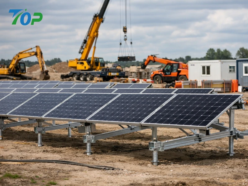 建設現場に設置された移動式太陽光架台による仮設太陽光システムの施工事例