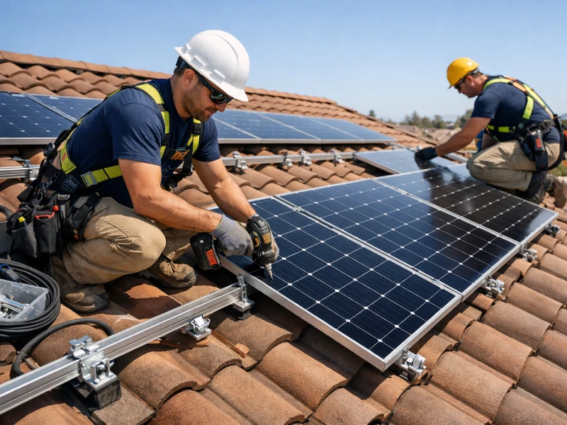 施工業者が住宅屋根に太陽光パネルを設置する様子、安全装備と工具付きのリアルな作業シーン