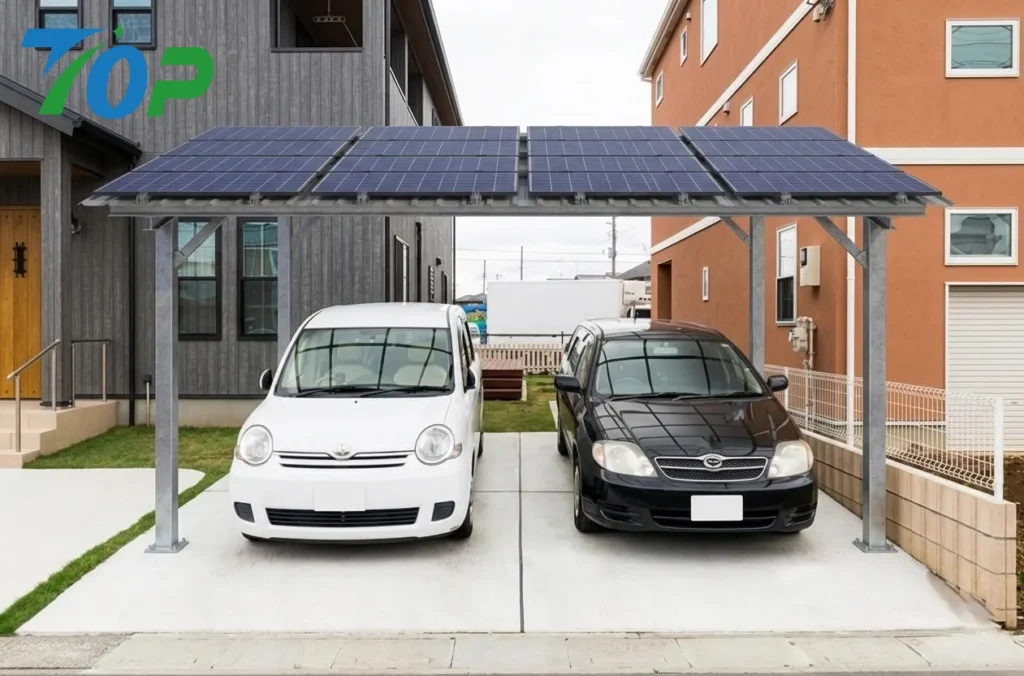 カラー鋼板一体型の完全防水ソーラーカーポート構造