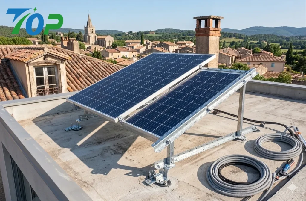 自立式設計によりベランダや屋上に固定工事不要で設置可能なソーラーパネル架台