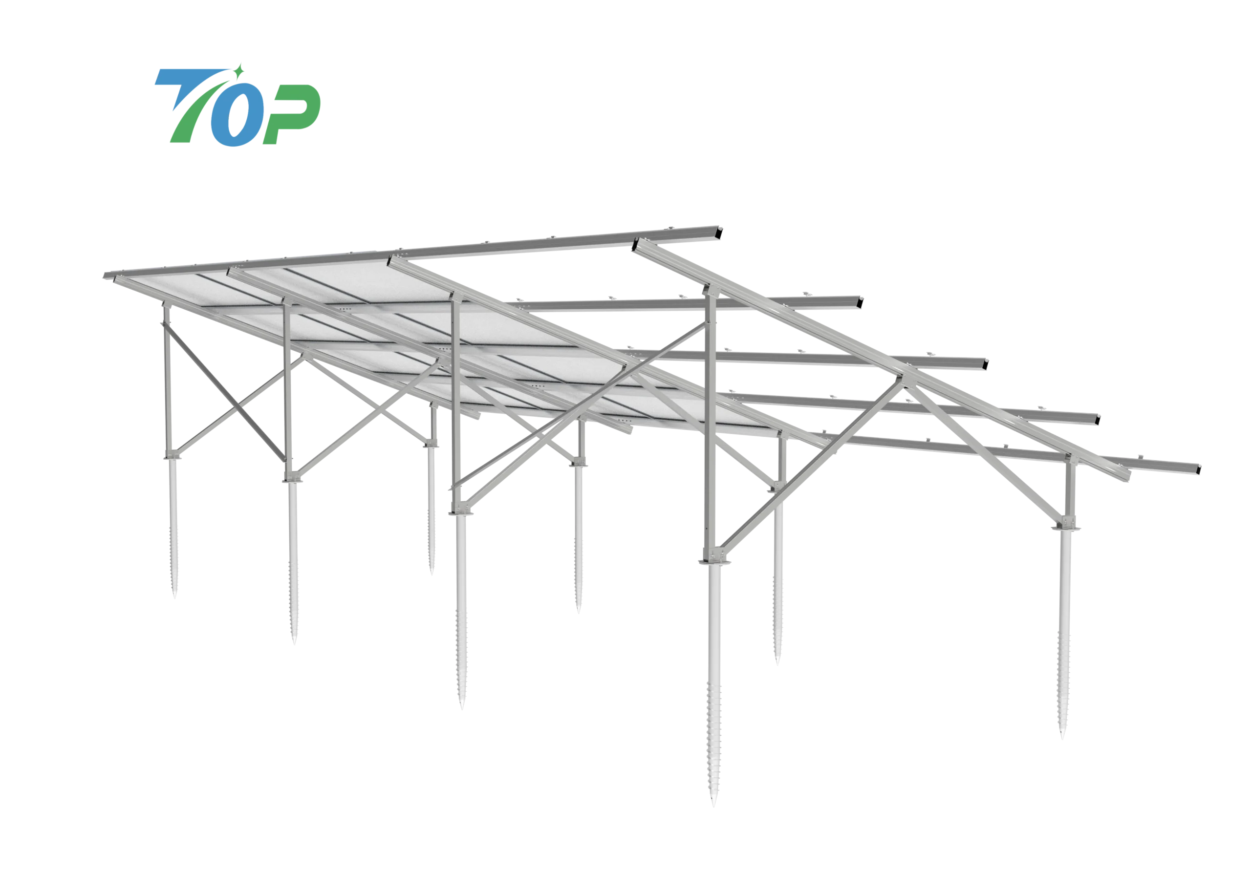 野立て用太陽光架台 w型 W型太陽光架台の構造と主要部品を示した野立て架台の構造図