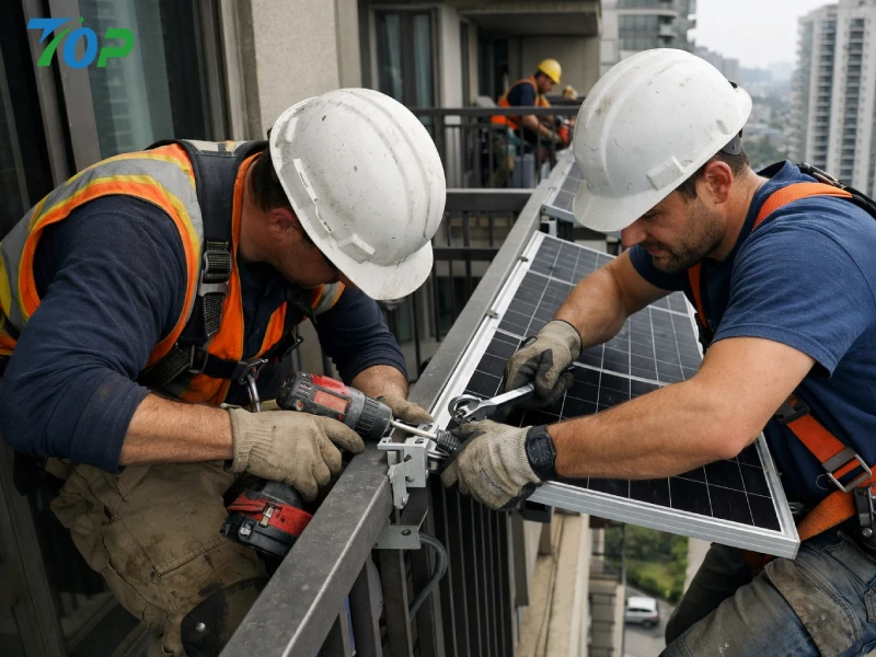 EPC technicians installing balcony solar kit on residential building