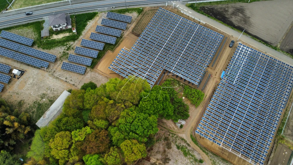 茨城県筑西市の複合型太陽光発電所。手前に野立て架台、奥に高さ4mの営農型架台(ソーラーシェアリング)を配置。