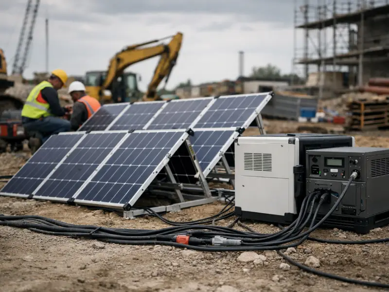 建設現場では、LED照明と蓄電池を備えたポータブル太陽光発電システムが稼働しており、夜間はこれを利用して照明を点灯させている