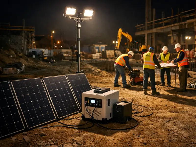 建設現場に設置された、産業用電源供給用の蓄電池を備えたポータブル太陽光パネルシステム