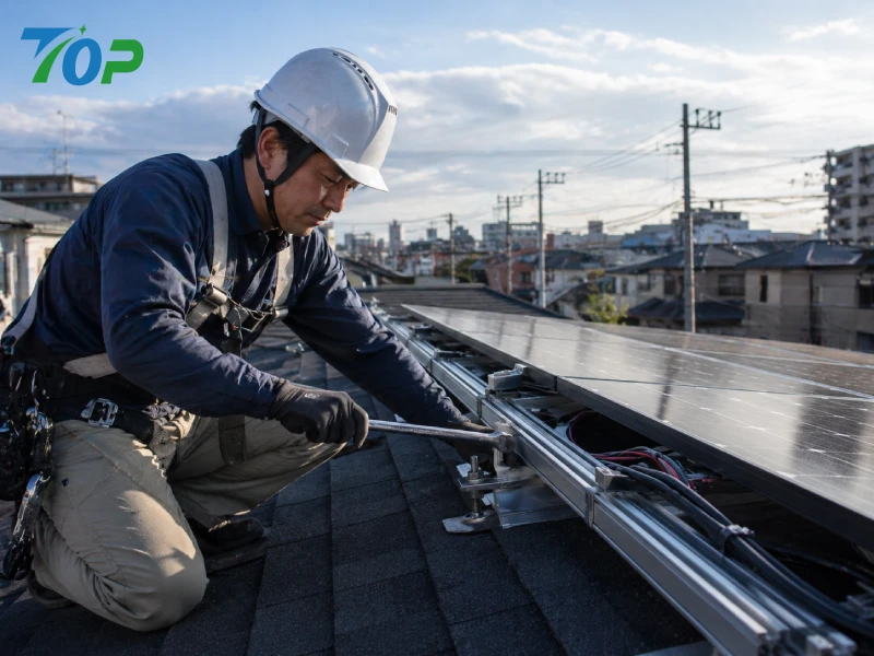 住宅用太陽光発電施工現場における技術者によるトルク管理および設置完了後の構造検査シーン
