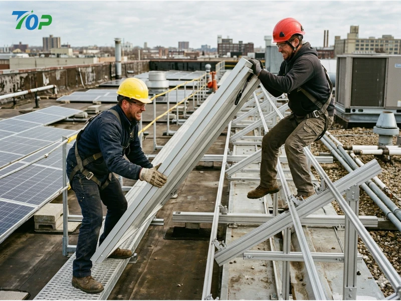 workers carrying large solar panel during installation