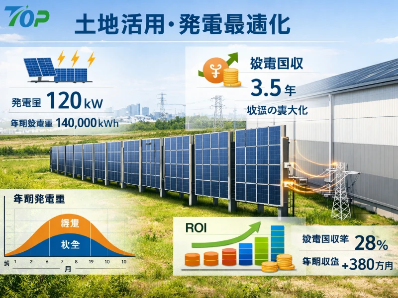 遊休地と倉庫境界に設置された立式太陽光架台の土地活用と発電最適化