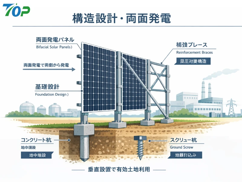 立式太陽光架台の構造設計と両面発電モジュールの示意図