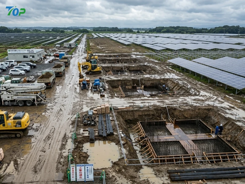 コンクリート基礎の養生期間により太陽光発電工事の着工が延期された現場をドローンから撮影
