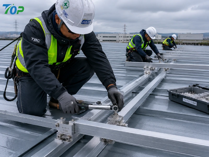 EPCチームが、工業用折り板屋根に穴あけ不要の太陽光発電用レールを取り付ける施工を実施