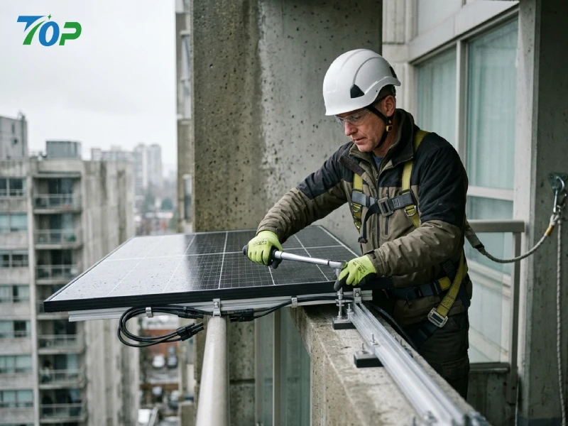 高層マンションで安全帯を使用して施工されるバルコニーPV設置作業