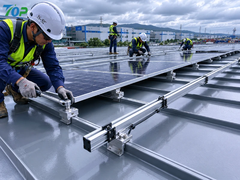 EPC施工担当者が、日本ハゼ折版工業の屋根上で、非貫通型クランプを使用して太陽光架台を設置した