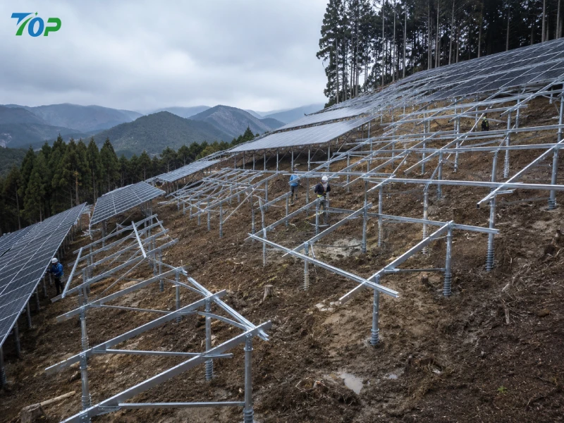 日本山地傾斜地で可変式野立て太陽光架台を施工するEPC工事現場