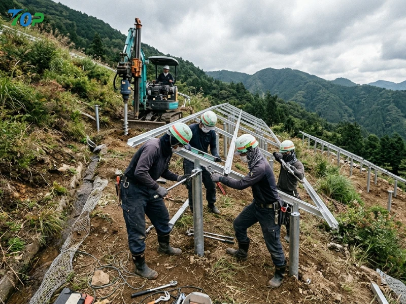 山地太陽光発電でスクリュー杭を施工するEPC作業員