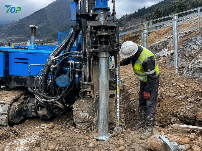 岩盤地層における太陽光発電用スパイラル杭基礎の圧入施工プロセスと油圧設備の詳細