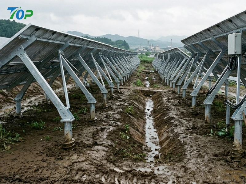 農地と太陽光発電を融合させた地上型発電所における、スクリュー杭式垂直型太陽光発電架台システムは、高い排水性を備えた構造となっています。