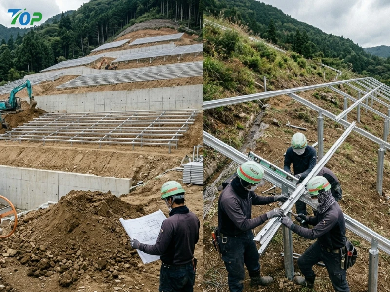 造成工事を行う従来工法と地形追従型太陽光架台の比較