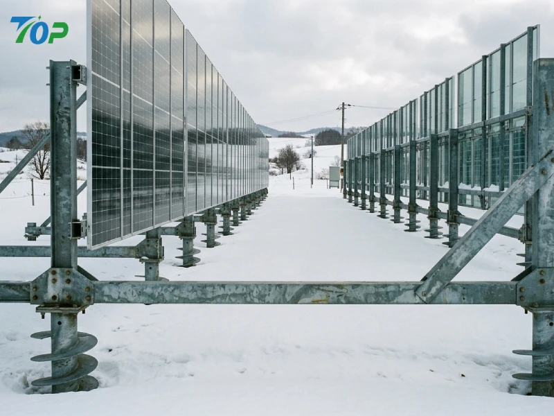北海道の豪雪地域における垂直型両面モジュール用ソーラー架台システム