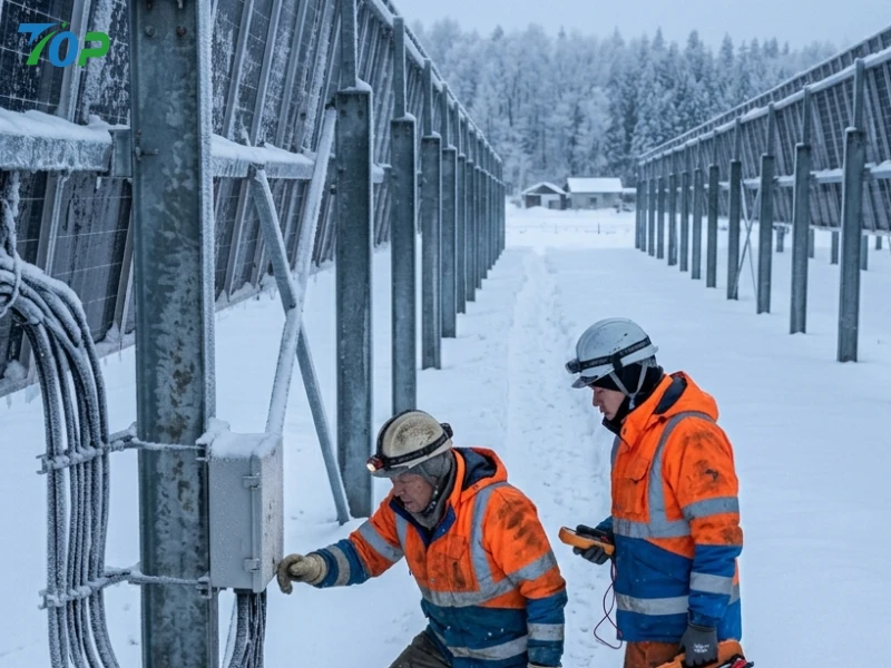 東北地方の豪雪地域にある太陽光発電所の冬季保守担当者が、深い雪に覆われた通路で点検を行っている
