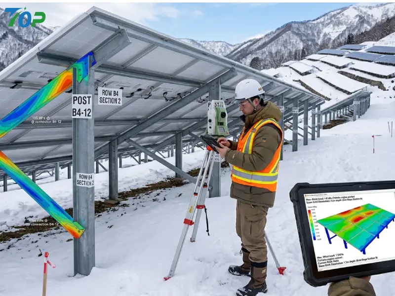 EPC engineer analyzing snow load and wind load effects on solar mounting structures in mountainous terrain