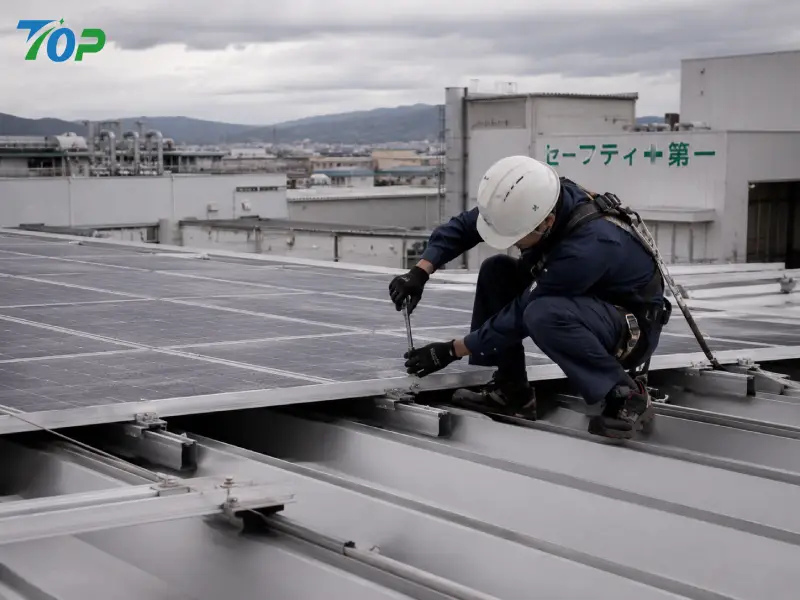 福岡工場屋根の折板太陽光クランプ施工