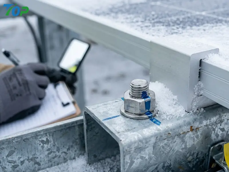 SUS304ボルトで固定された架台支柱接合部、溶融亜鉛めっき材、積雪荷重下の微距撮影
