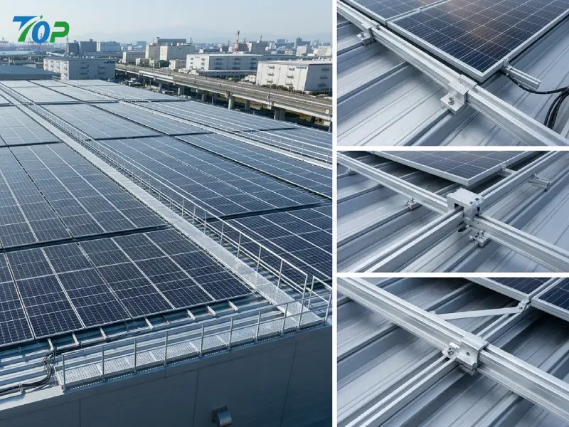 Standing seam rooftop solar mounting system without roof penetration in Kanagawa warehouse