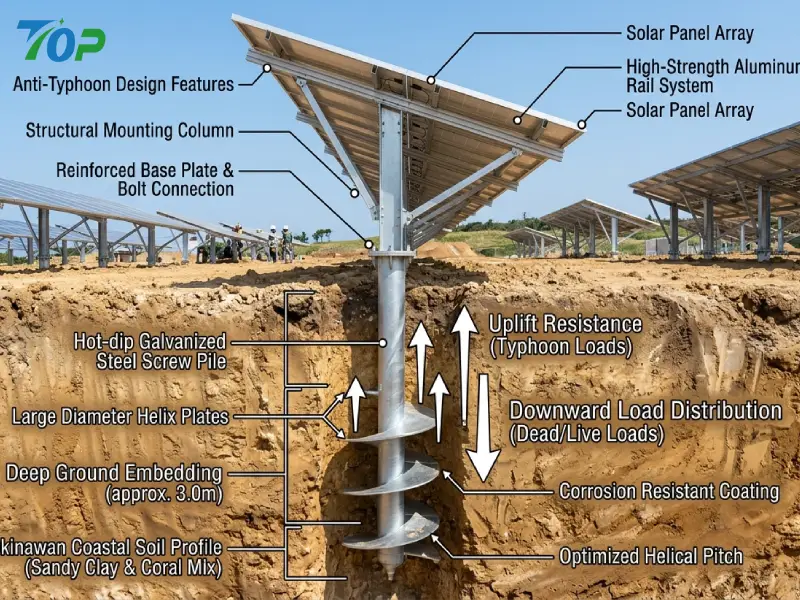 沖縄の台風地域で使用されるスクリュー杭基礎システム。太陽光架台の引抜き荷重対策として深埋設設計を採用