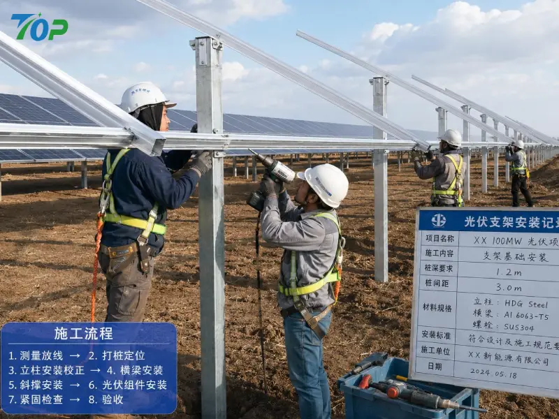 EPC施工現場:支柱とガイドレールの設置作業中、施工効率と安全手順