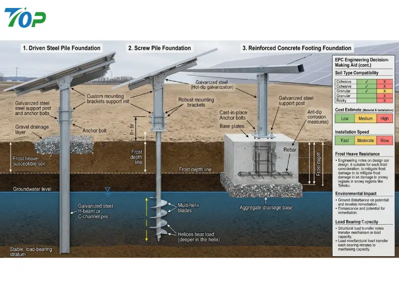 Comparison of steel pile screw pile and concrete solar foundations in heavy snow regions