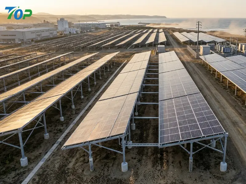 Ground-mounted solar farm using driven pile foundations and wind-resistant steel structures