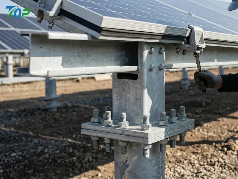 Bolted connection between HDG steel screw pile and solar mounting structure