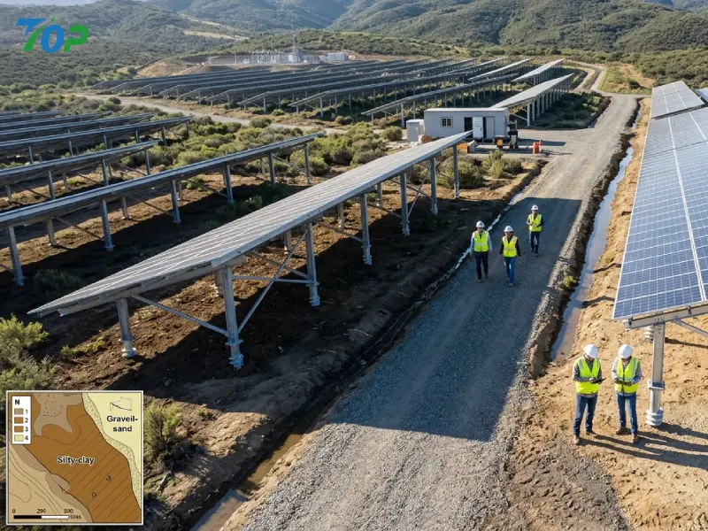 Engineers evaluating screw pile foundation depth based on N-value soil investigation at utility-scale solar farm