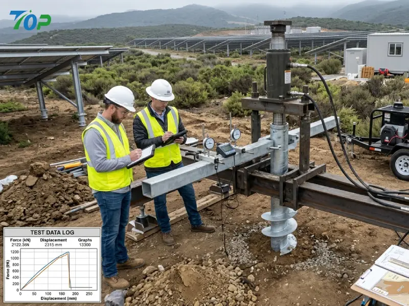 Engineers performing uplift pull-out testing on solar pile foundation