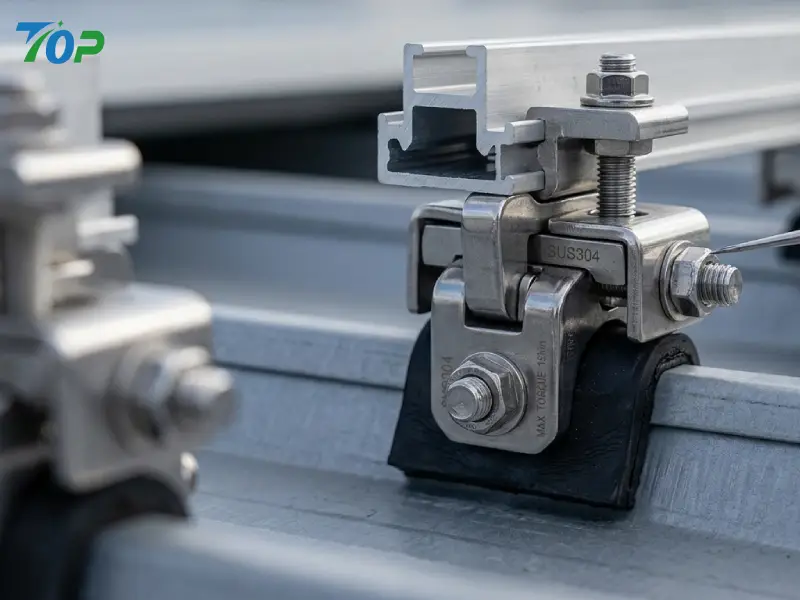 Non-penetrating standing seam roof clamp system using SUS304 fasteners and aluminum rails